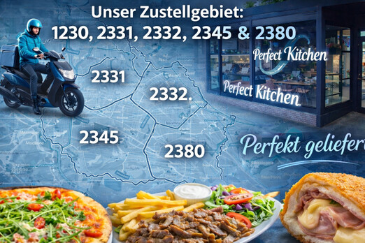 Zustellgebiet von Perfect Kitchen mit Karte und den PLZ 1230, 2331, 2332, 2345 und 2380 sowie Pizza, Kebap und Cordon bleu im Vordergrund
